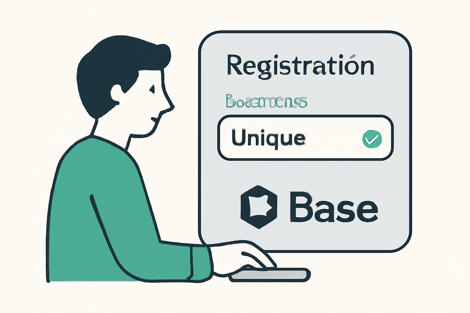 A user entering a unique Basename on a registration form, with a confirmation checkmark and Base branding.