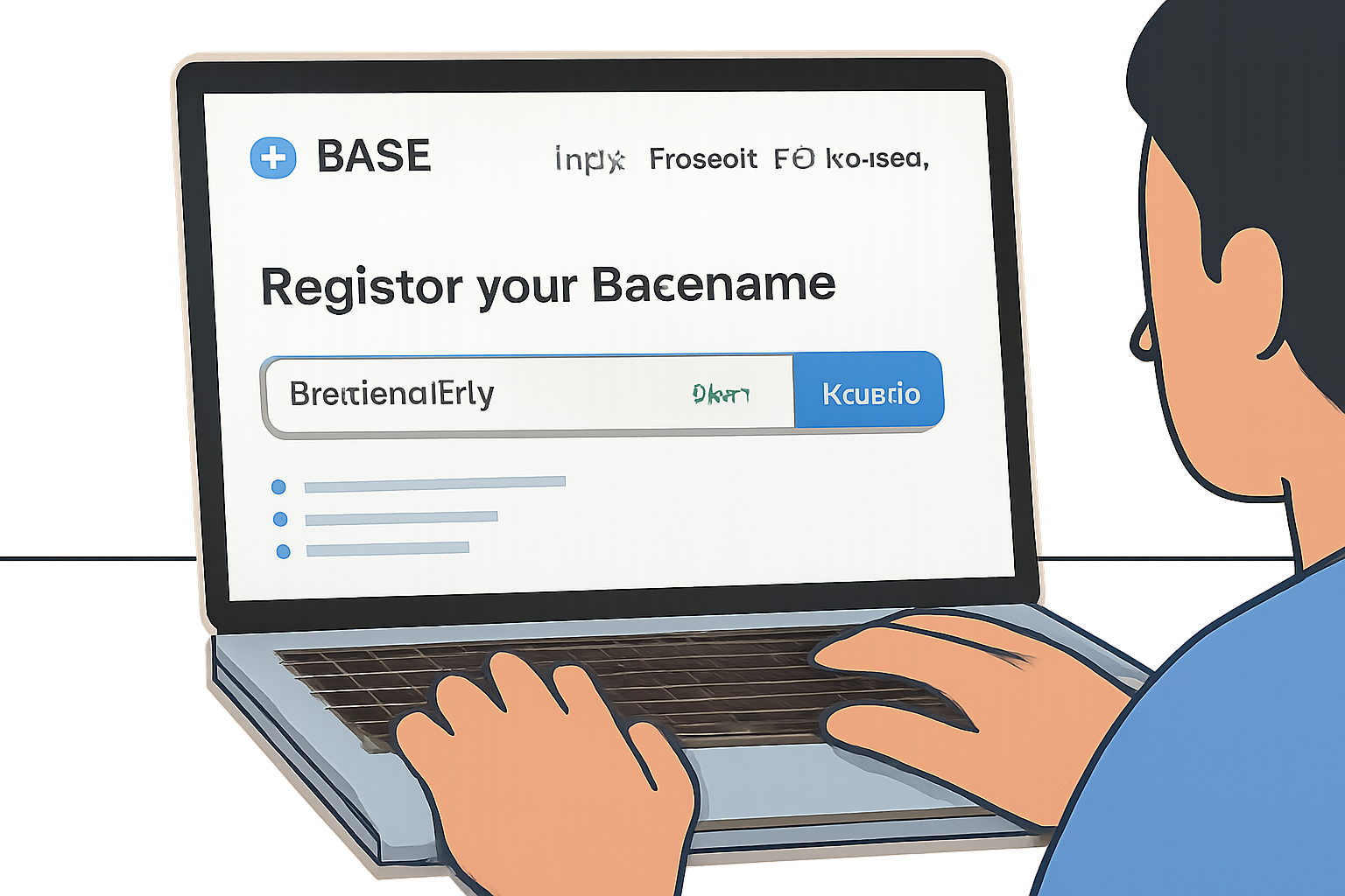 A user browsing the official Basename registration website on a laptop, with the Base logo visible, modern web3 interface.