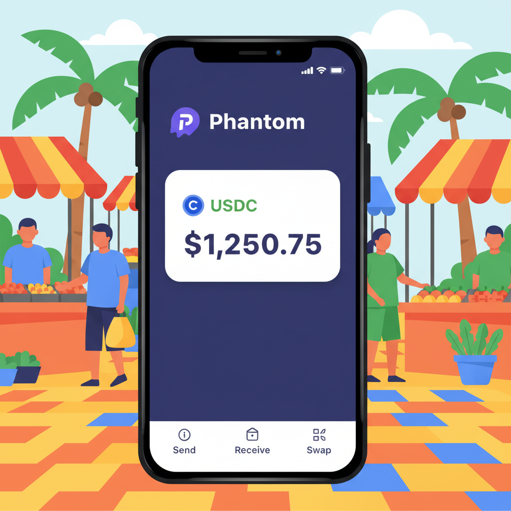 smartphone screen showing Phantom wallet app with USDC balance, vibrant street market background