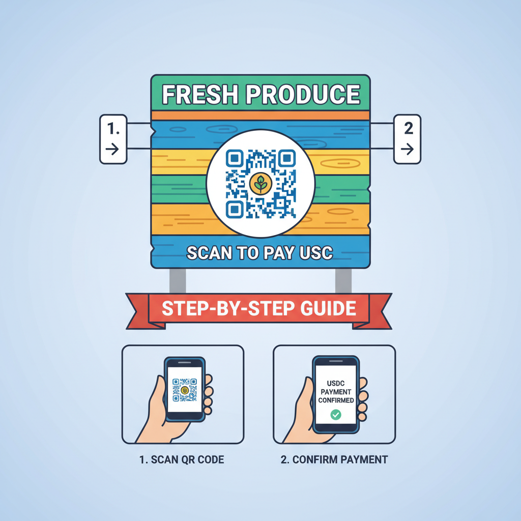 custom branded QR code for USDC payment with vendor logo, colorful market stall sign