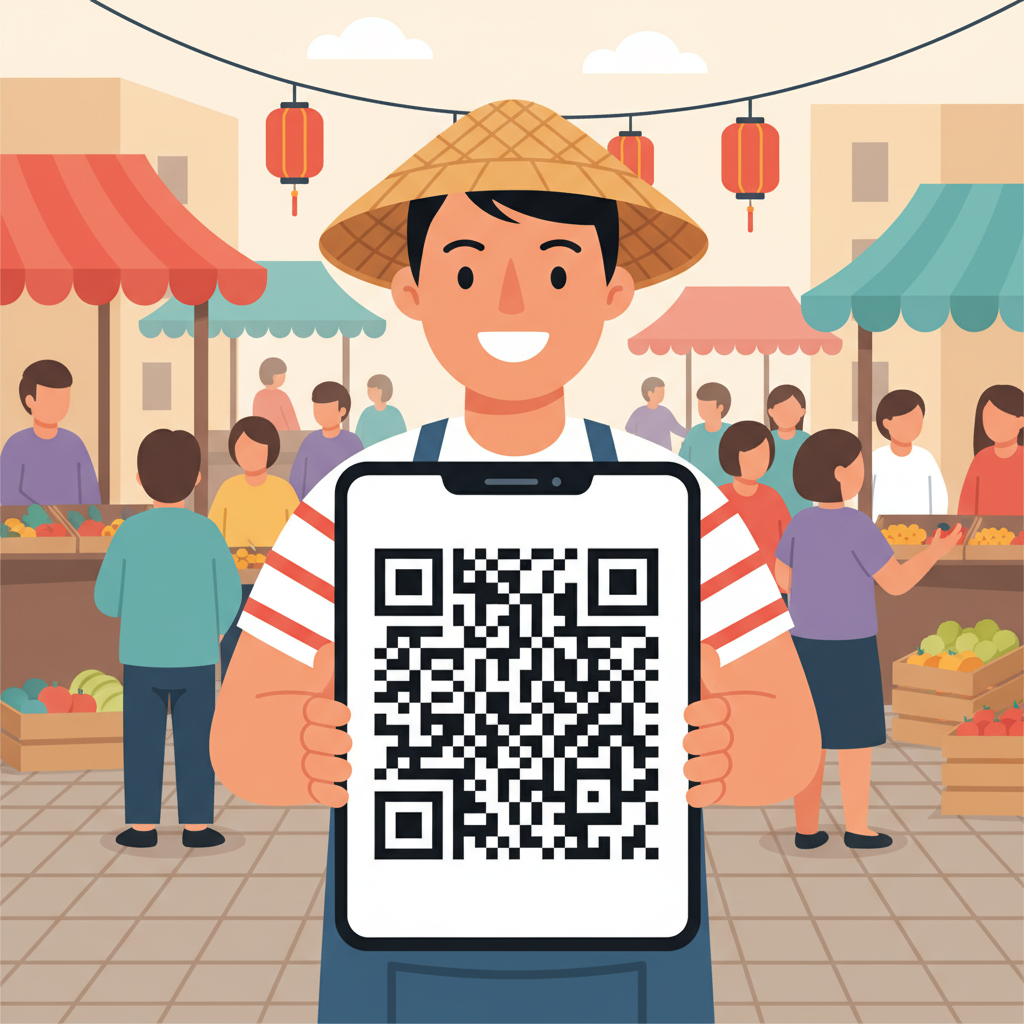 street vendor holding phone displaying large QR code at bustling outdoor market