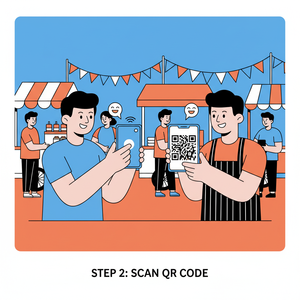 customer scanning QR code on vendor's phone with their phone, busy street food stall, smiles all around