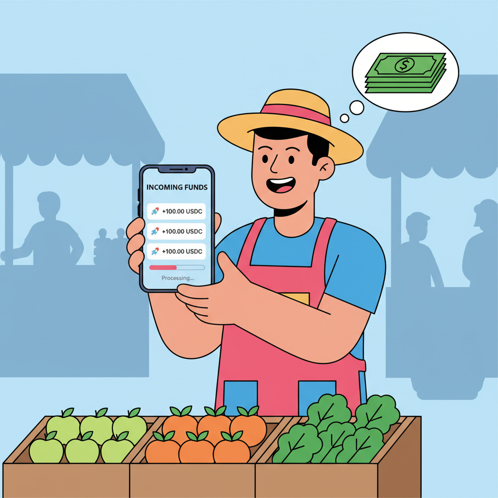 vendor checking wallet app with incoming USDC notifications, happy at market stall with cash stack graphic