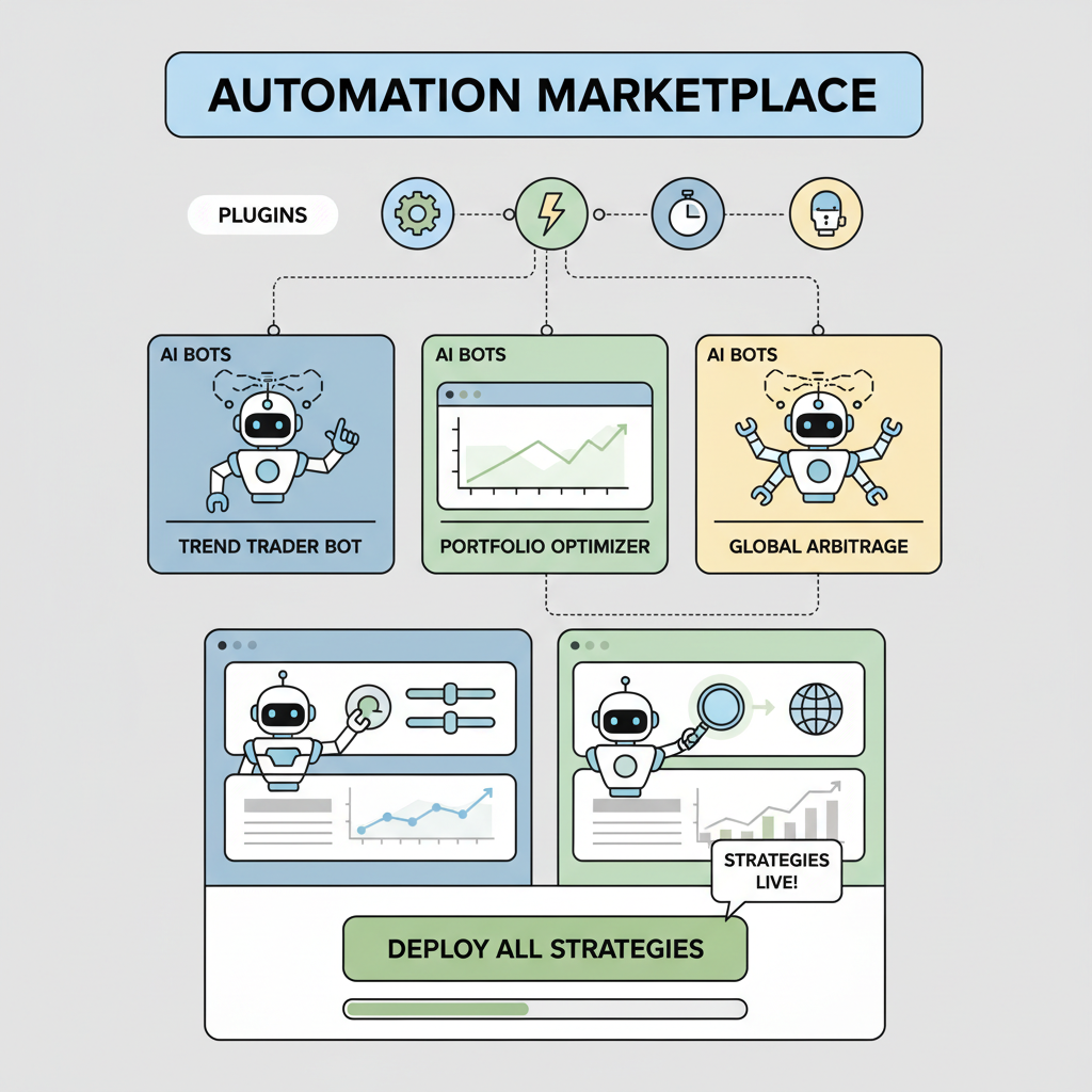 marketplace dashboard with automation plugins, AI bots deploying strategies