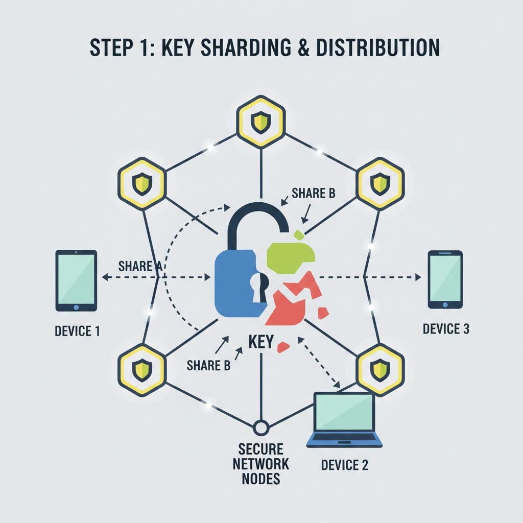 abstract diagram of key shares splitting across devices, secure network nodes