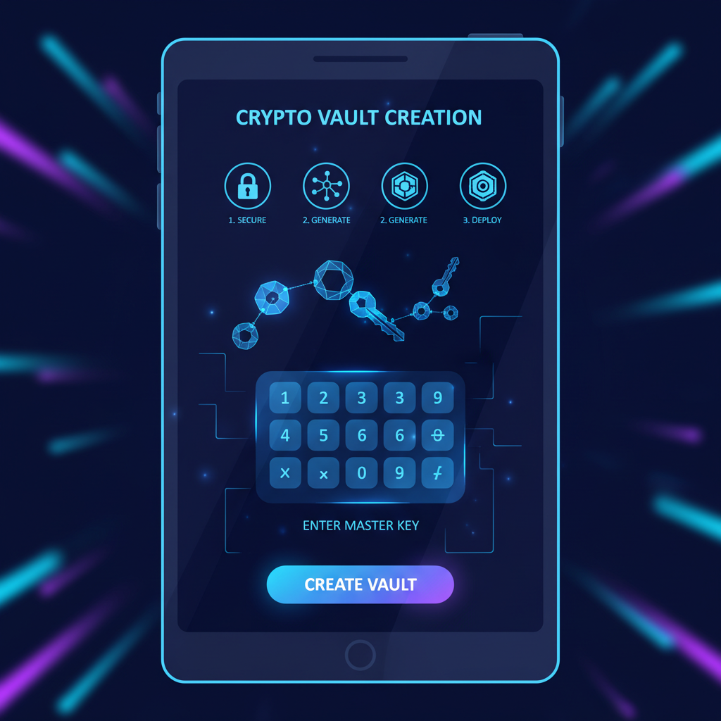 sleek futuristic app interface creating crypto vault, neon blues, holographic keys