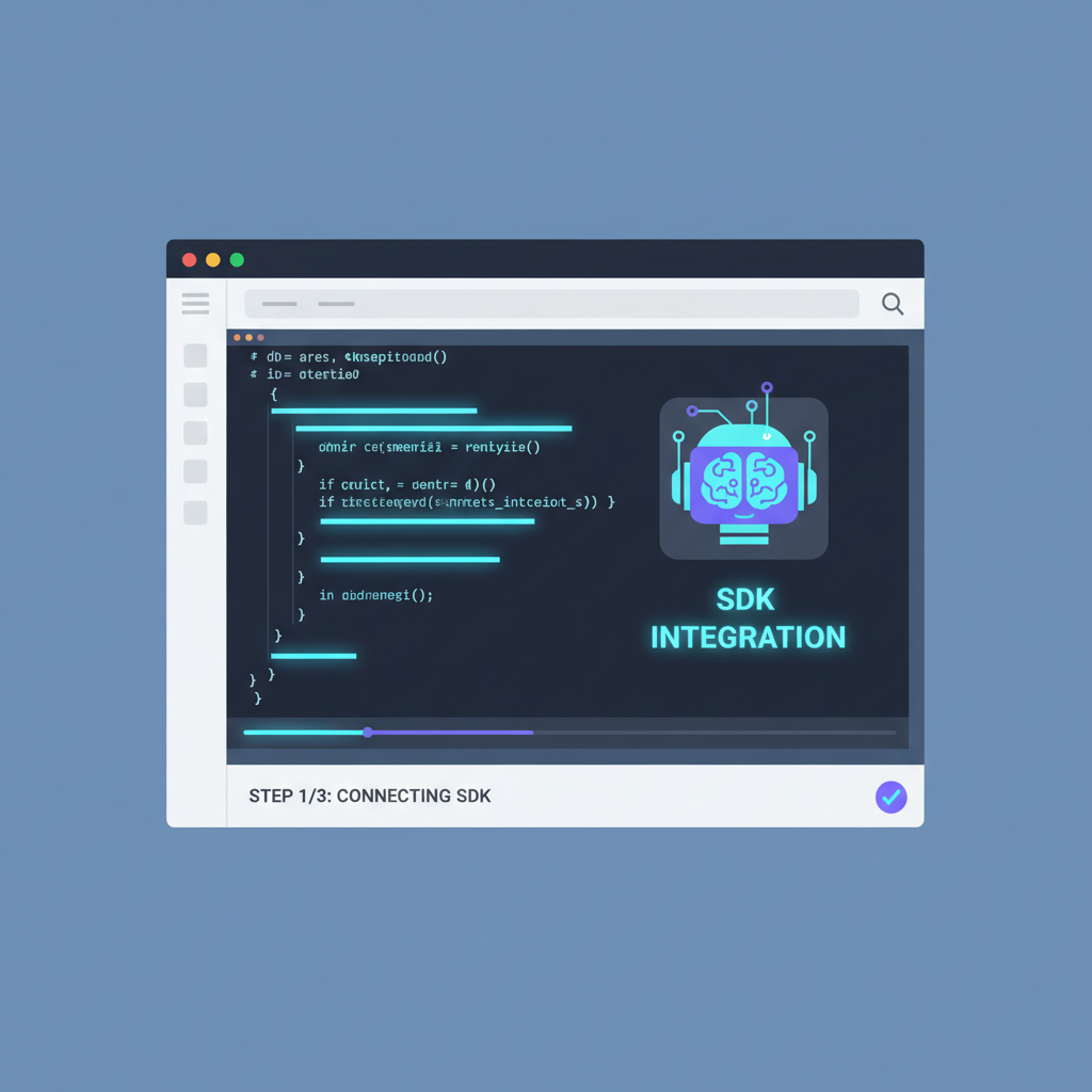 developer code editor integrating SDK, glowing code lines, AI robot icon