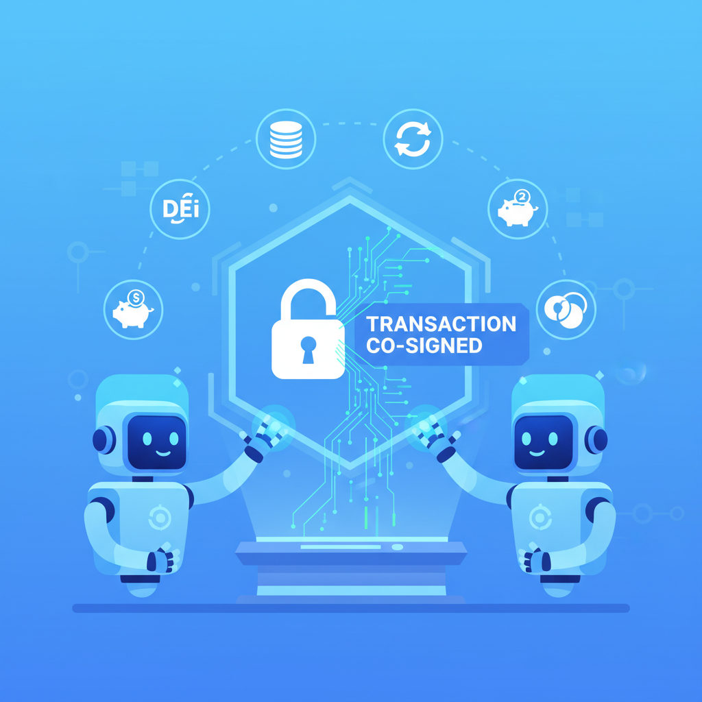 AI agent co-signing blockchain transaction, digital signatures flowing, DeFi icons