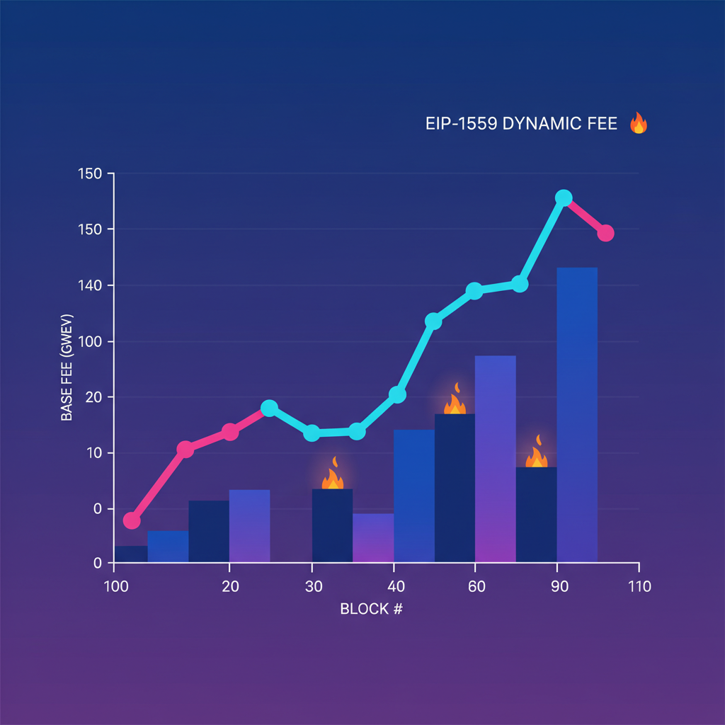 /imagine prompt: EIP-1559 dynamic fee graph rising falling blockchain blocks, vibrant blue purple, simple chart --ar 16:9 --v 6