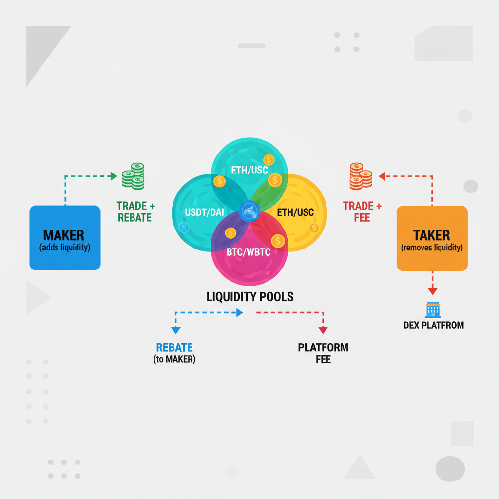 /imagine prompt: DEX trading maker taker rebates flow arrows money exchange, colorful liquidity pools, simple infographic --ar 16:9 --v 6