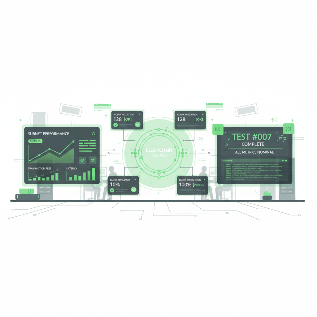 /imagine prompt: blockchain testnet subnet testing dashboard graphs fees metrics, green success screens, tech lab vibe --ar 16:9 --v 6