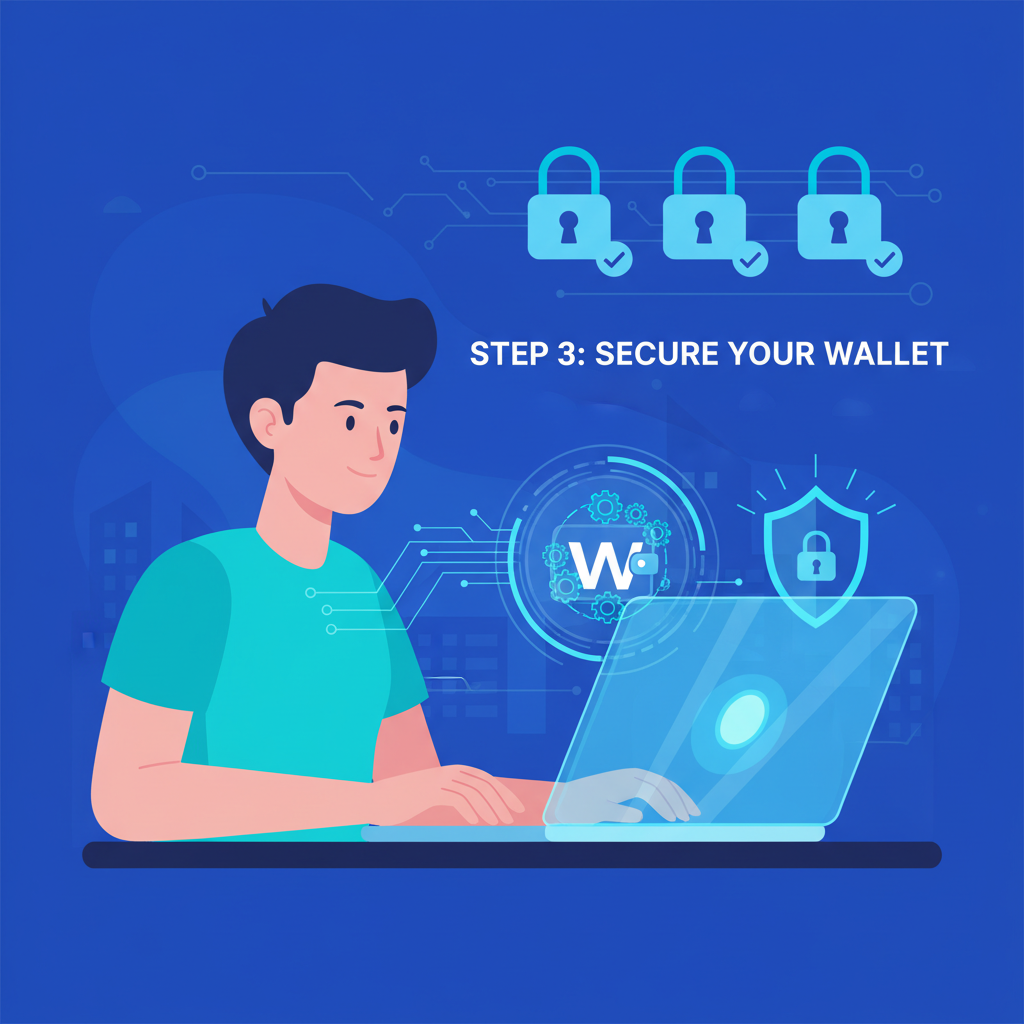 digital illustration of person securely setting up crypto wallet on laptop, futuristic blue tones, secure lock icons