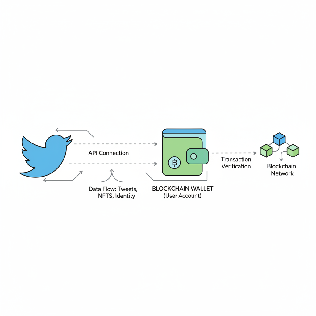 integration diagram of Twitter bird connecting to blockchain wallet via API lines, tech schematic style