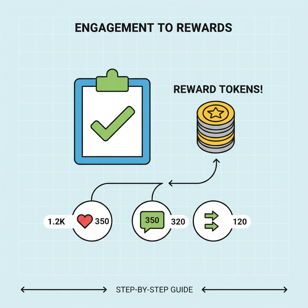 checklist icon with engagement metrics like likes comments turning into reward tokens, clean infographic