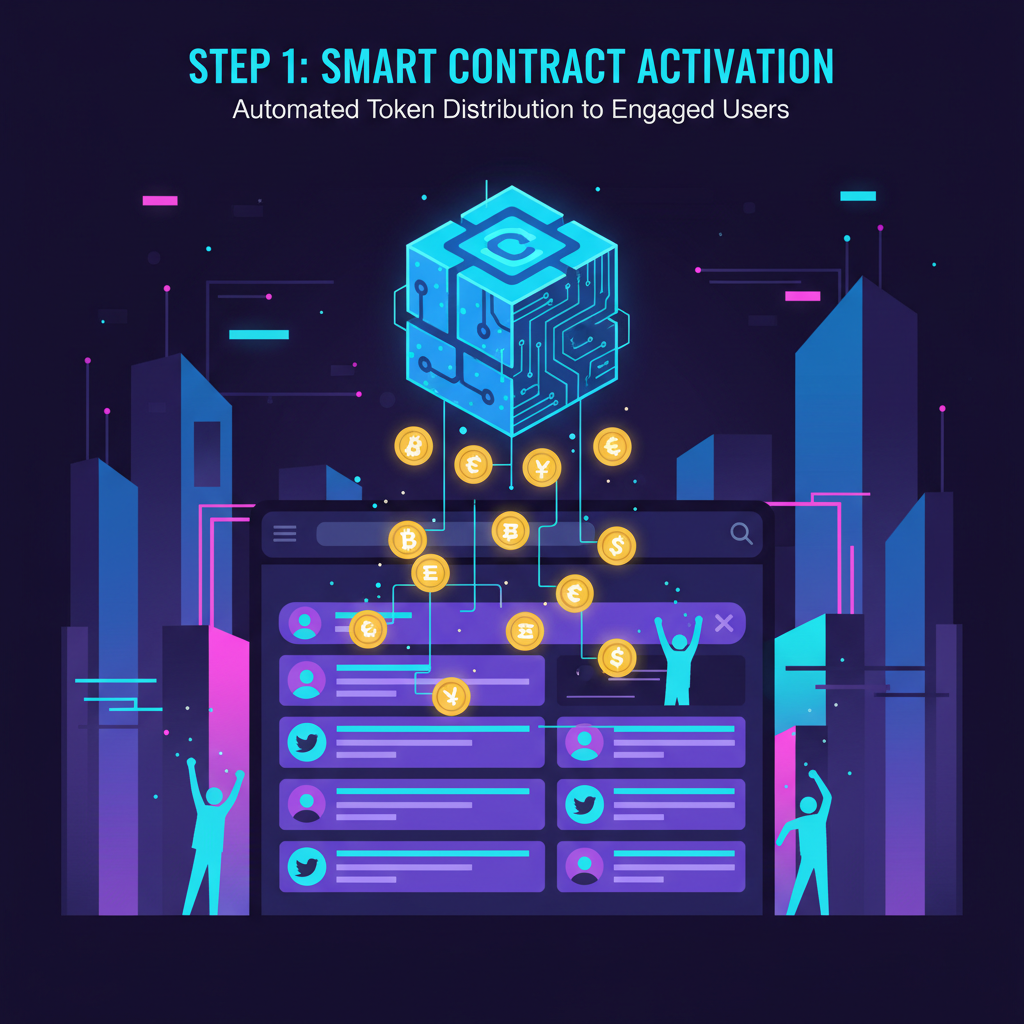 smart contract deploying tokens as rain to engaged users on Twitter feed, cyberpunk aesthetic