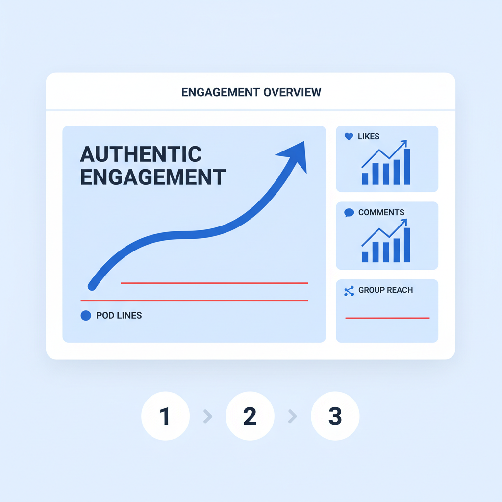 dashboard graphs showing rising authentic engagement metrics vs flat pod lines, data visualization style