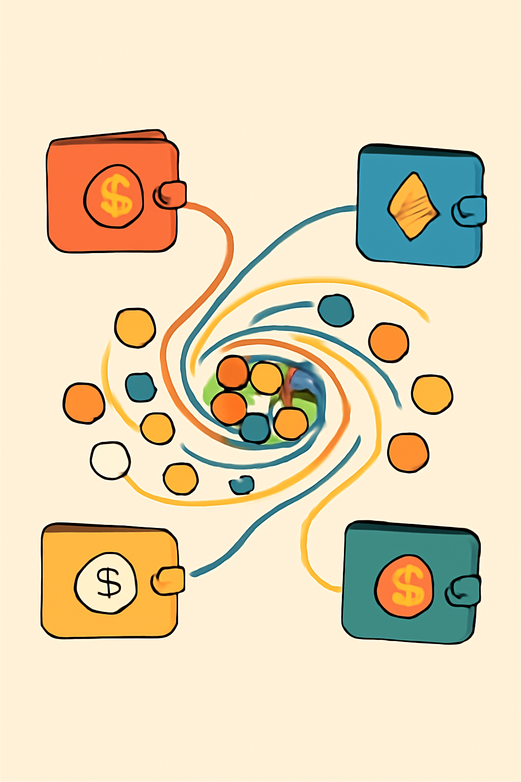 A swirling pool mixing different colored coins from multiple wallets, with lines going in and out.
