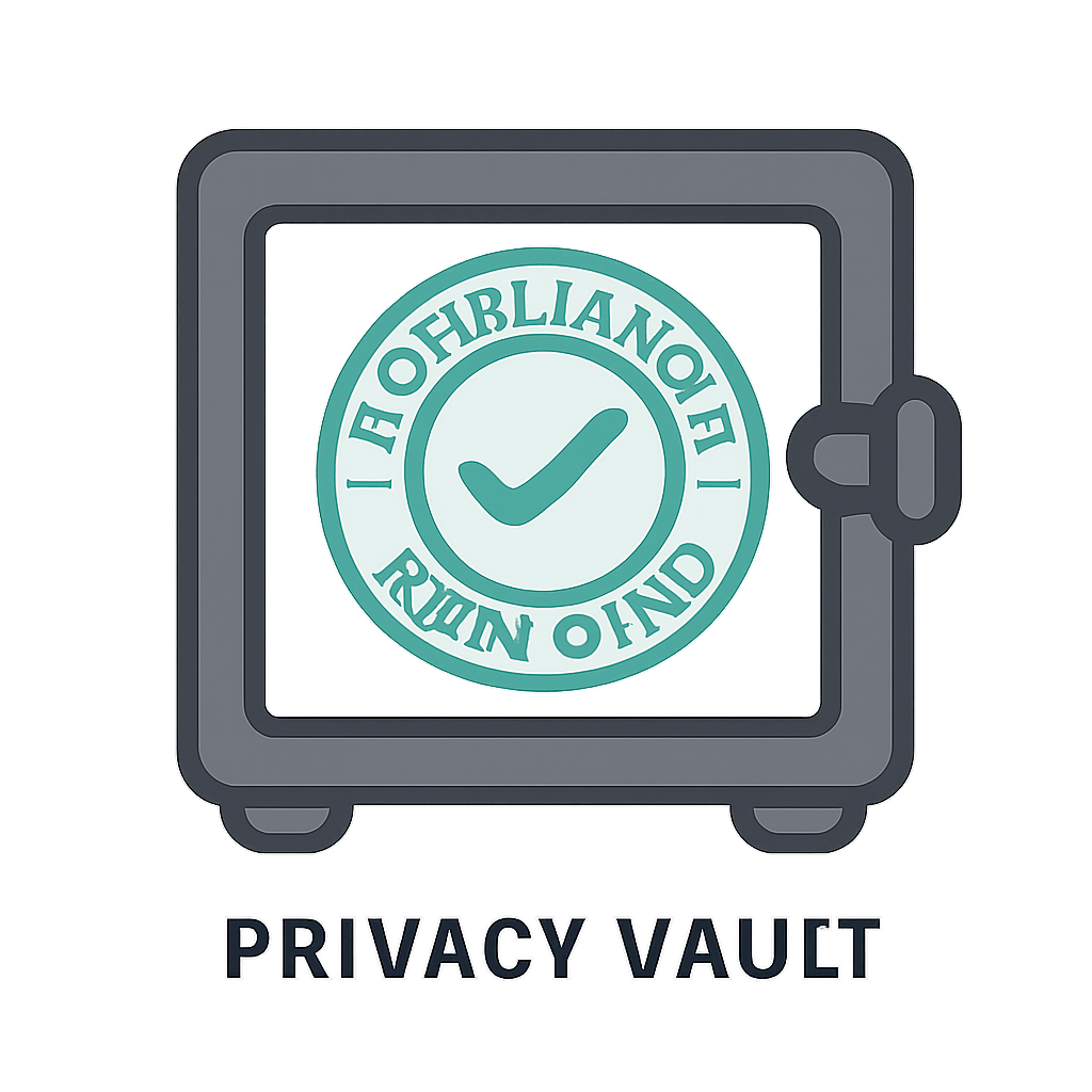 A privacy vault with a transparent window showing a 'compliance approved' stamp, but the contents remain hidden.