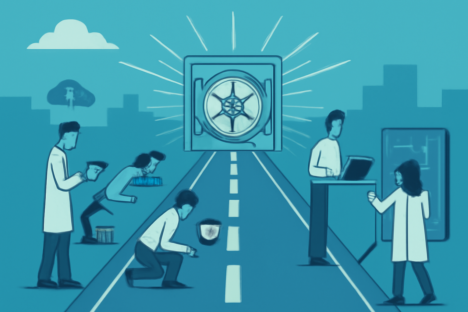 A futuristic road leading to a shining vault, with researchers and developers working along the way.