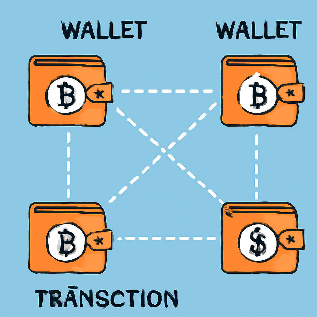 A public blockchain with visible transaction lines connecting wallets, emphasizing lack of privacy.