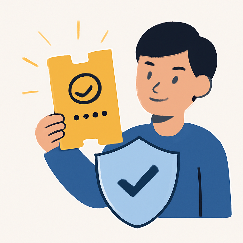 A person holding a glowing ticket behind a shield, with a checkmark and hidden numbers.