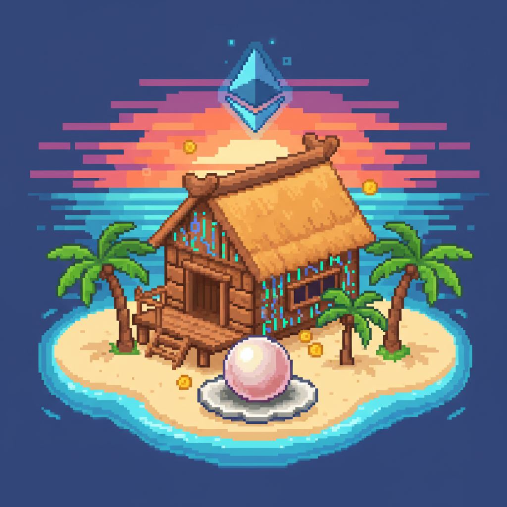 pixel art NFT hut on tropical pearl diving island, blockchain glow, vibrant Caribbean sunset