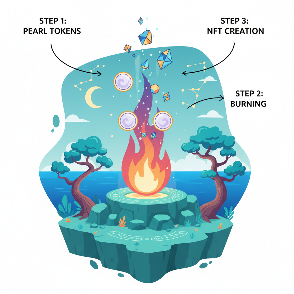 flames burning pearl tokens into shimmering NFT, mystical island ritual, digital art