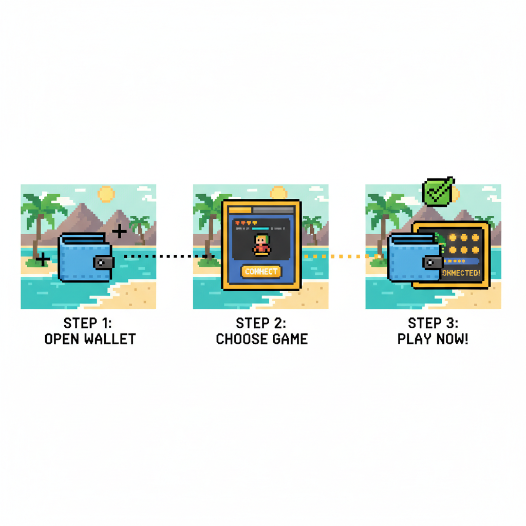 crypto wallet connecting to blockchain game interface on tropical island background, pixel art style