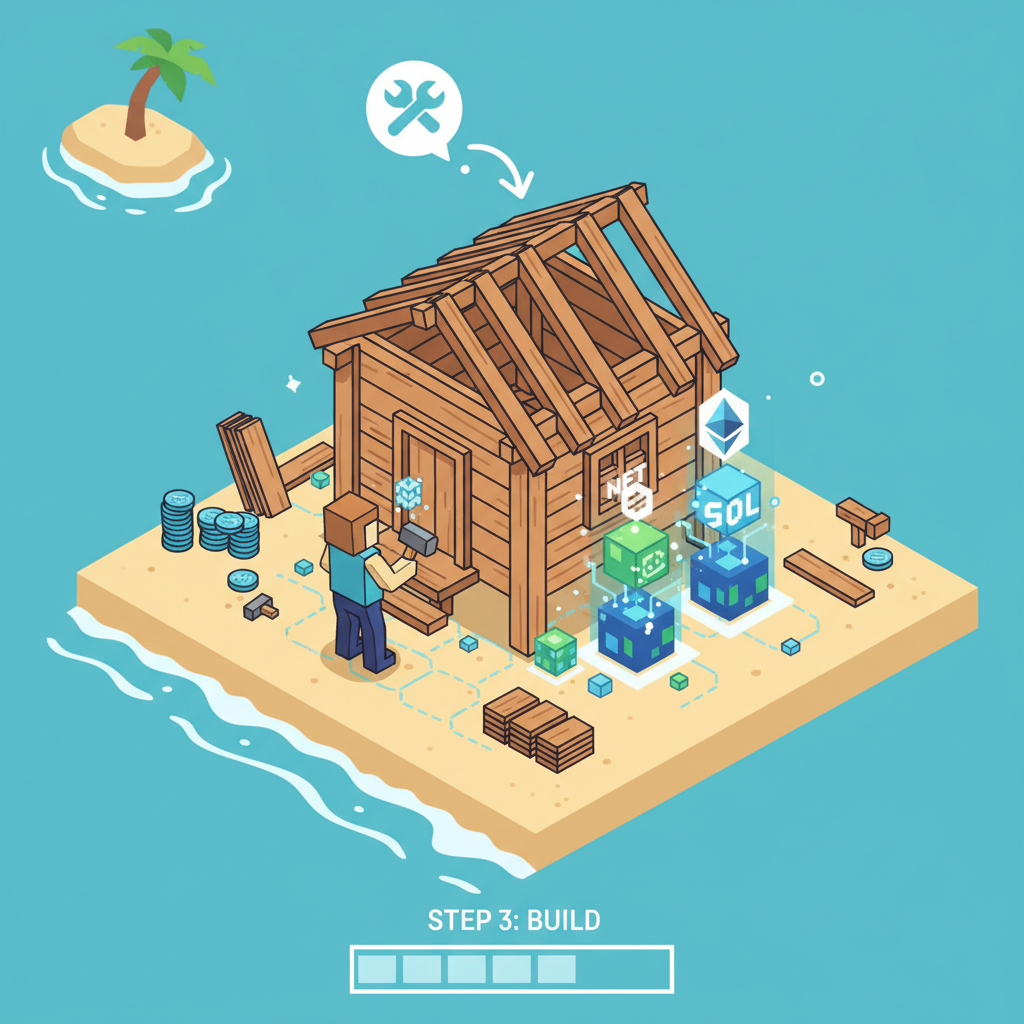 player constructing wooden NFT hut on sandy shore, blockchain elements glowing, isometric game view