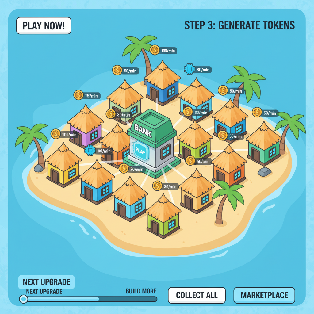 array of NFT huts on tropical isle generating tokens, idle game screenshot aesthetic