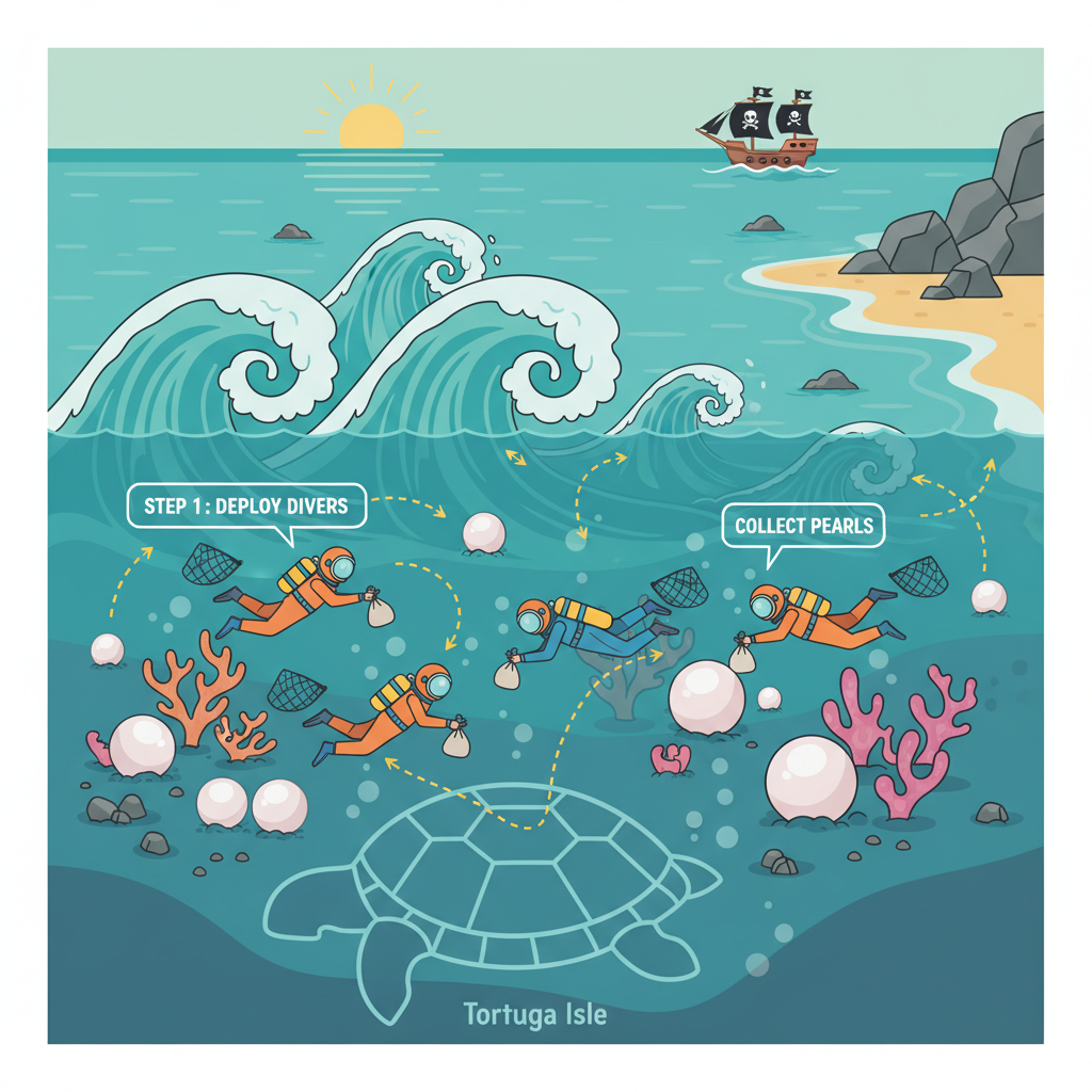 divers exploring underwater pearls near Tortuga Isle, dynamic ocean waves, strategy game art