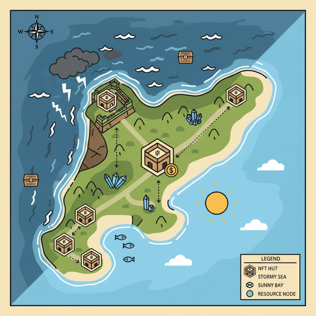 strategic map of Tortuga Isle with weather overlays, NFT huts placed optimally, stormy seas and sunny bays