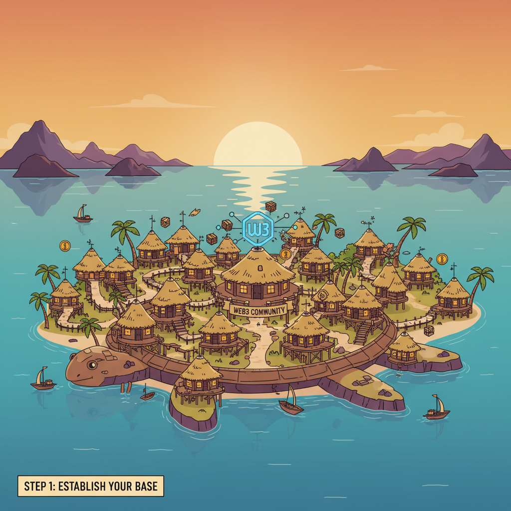expansive hut village empire on Tortuga Isle at sunset, prosperous web3 community