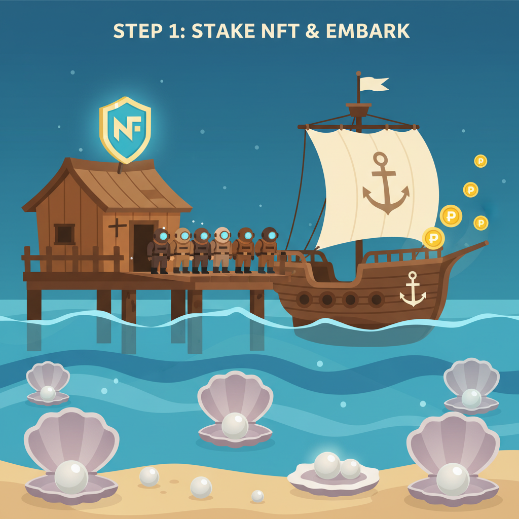 NFT hut staked on dock, pearl divers embarking on expedition ship, glowing token rewards, underwater pearls