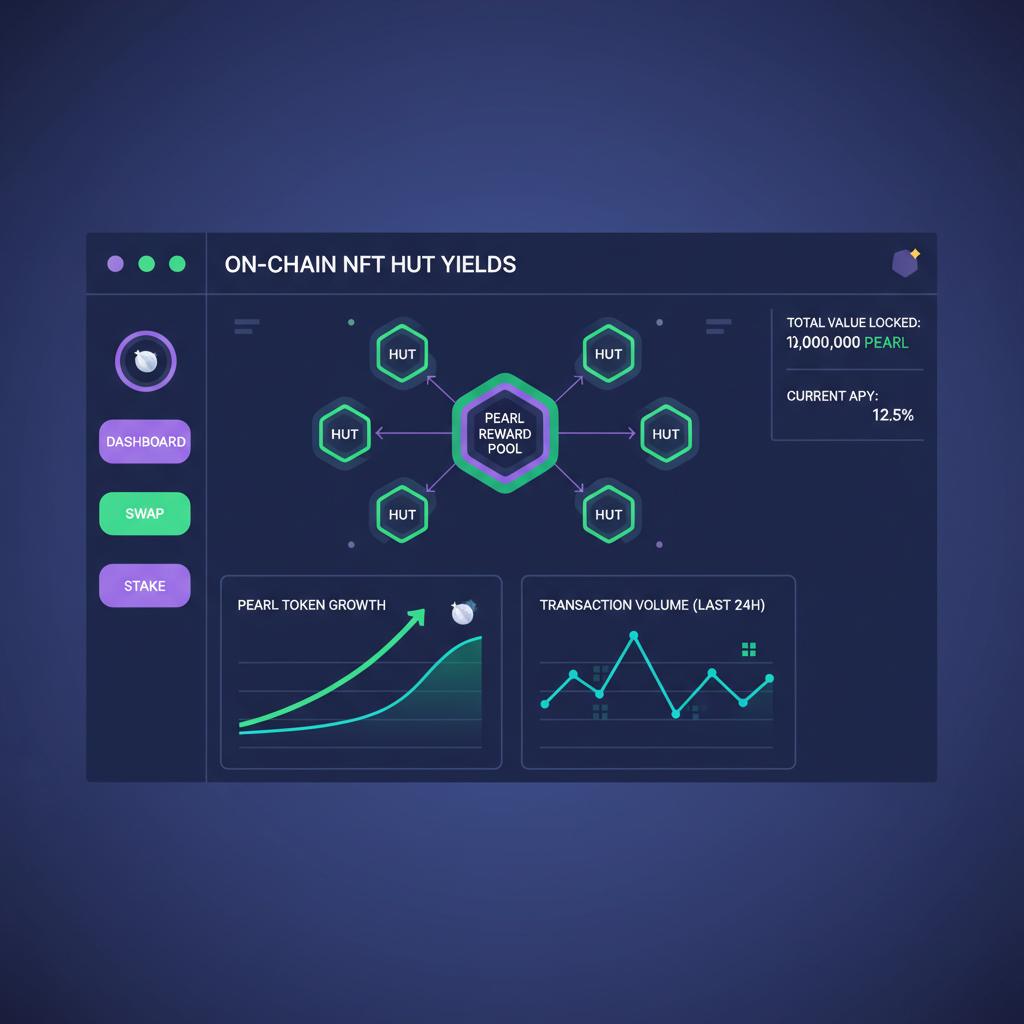 dashboard screen showing on-chain NFT hut yields, graphs of Pearl tokens, blockchain analytics, futuristic UI