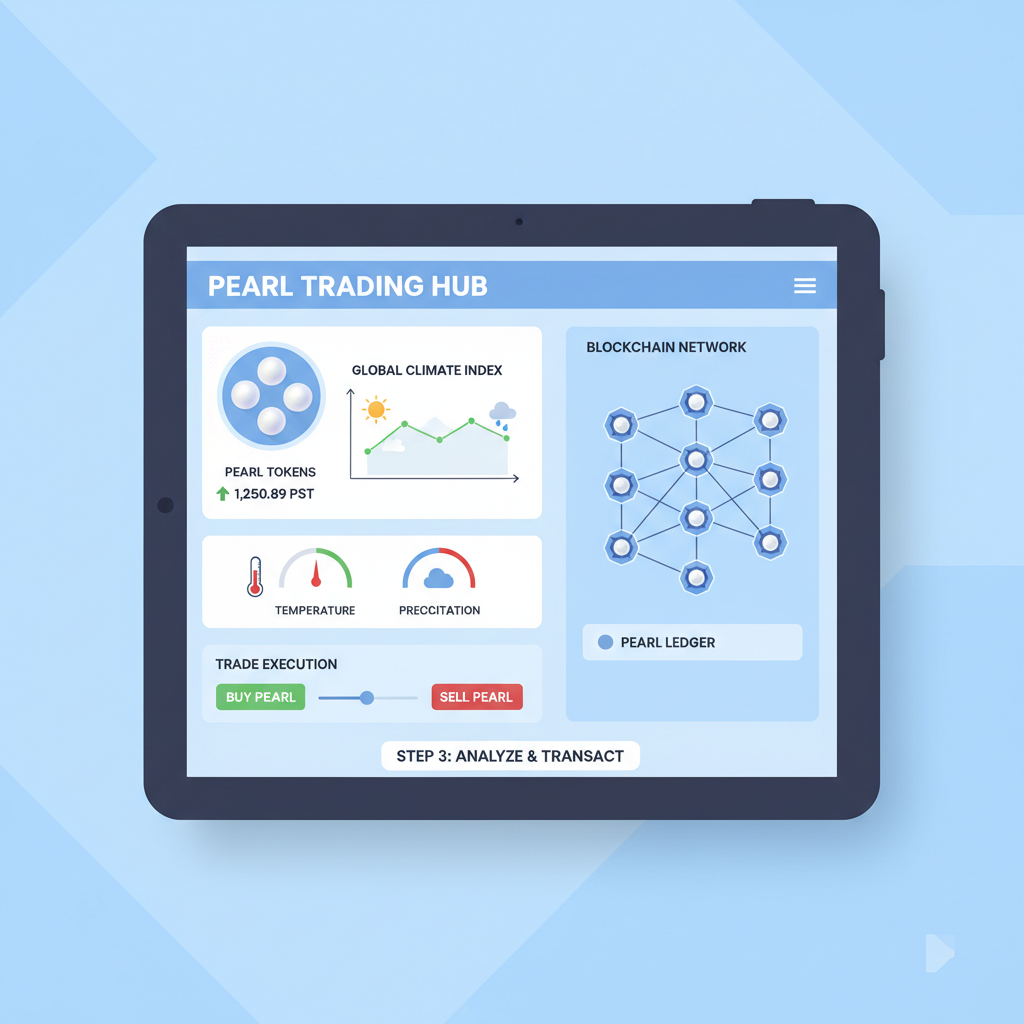 trading dashboard with pearl tokens, weather charts, blockchain network visualization