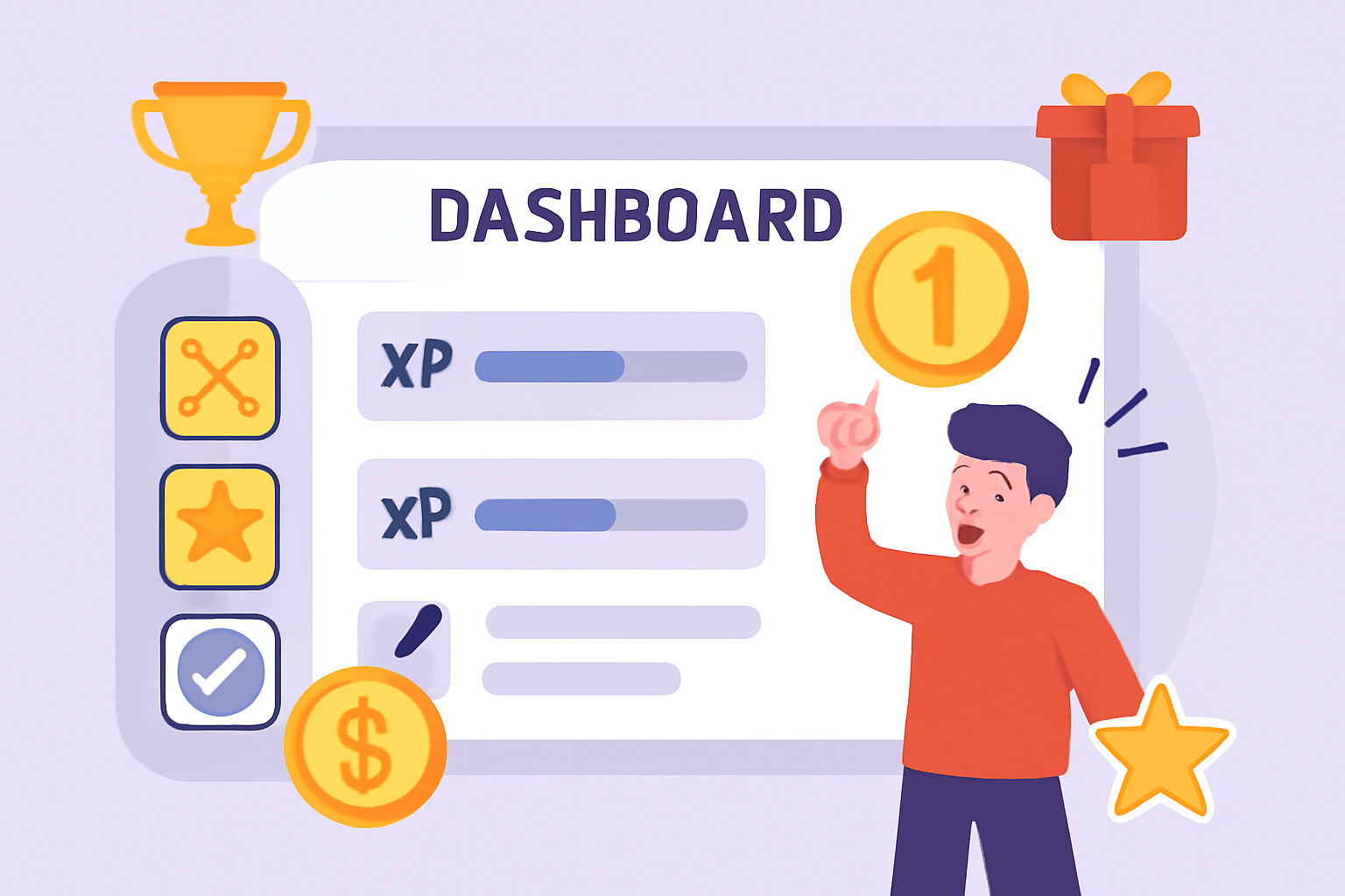 A gamified dashboard with quest icons, XP bars, and a character leveling up, surrounded by digital rewards.