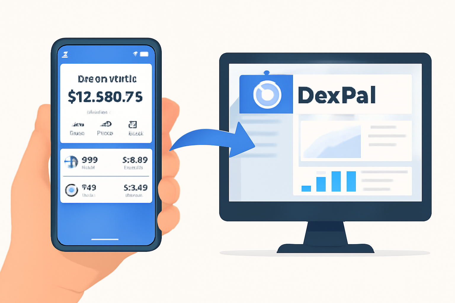 A hand holding a smartphone displaying a crypto wallet app, connecting to a sleek web dashboard with the DexPal logo.