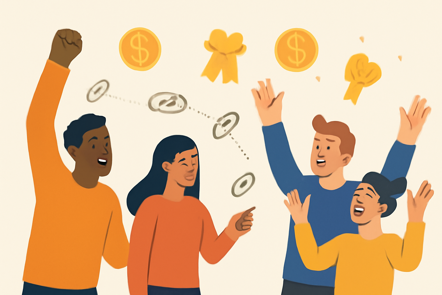 A group of diverse traders sharing links and celebrating as rewards and coins appear around them.