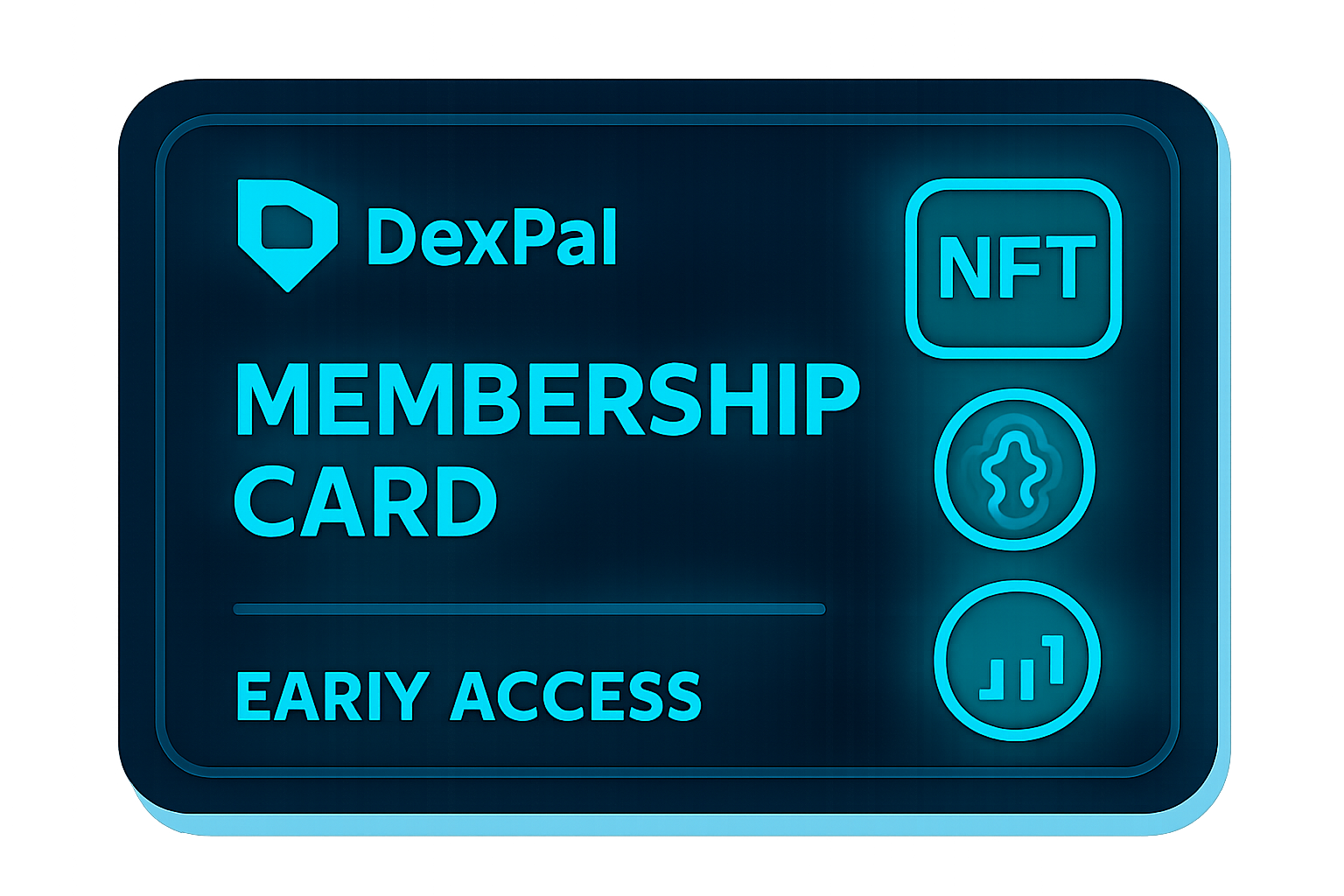A futuristic digital membership card with the DexPal logo and glowing NFT icons, symbolizing early access rewards.