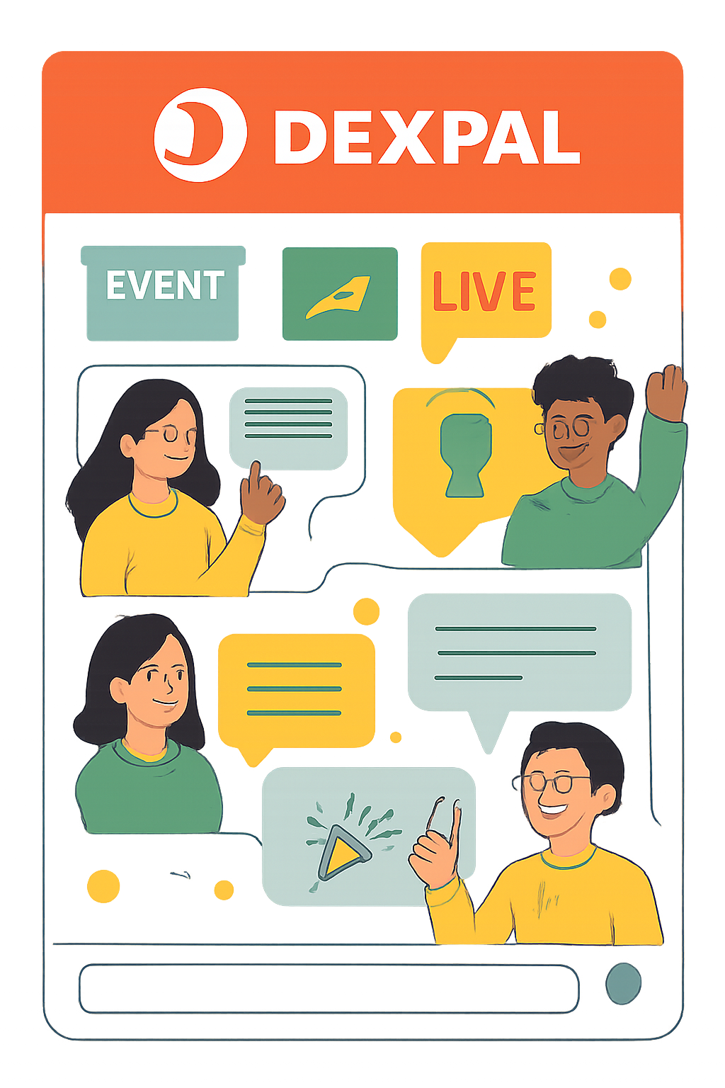 A vibrant online community chat with the DexPal logo, event banners, and users exchanging tips and celebrating wins.