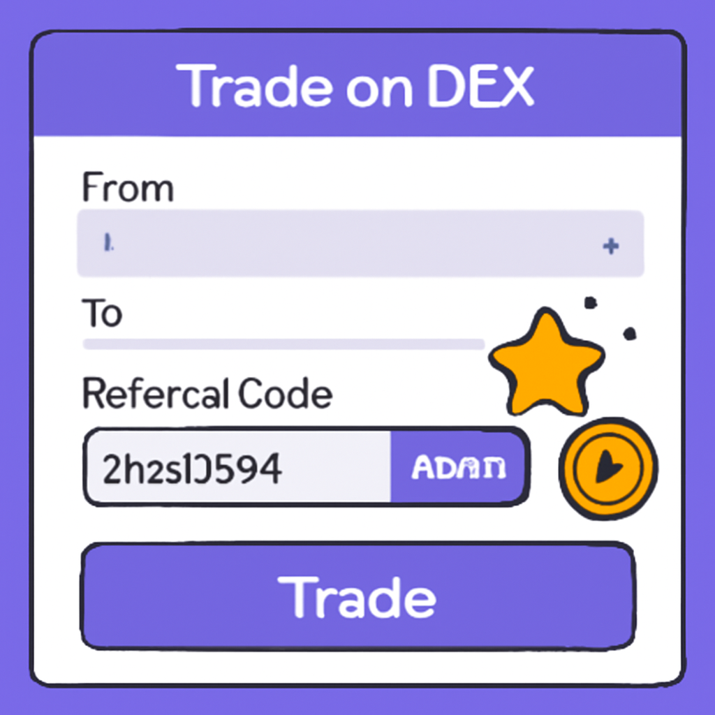 A digital interface showing a referral code being entered on a DEX trading screen, with points and rewards icons appearing.
