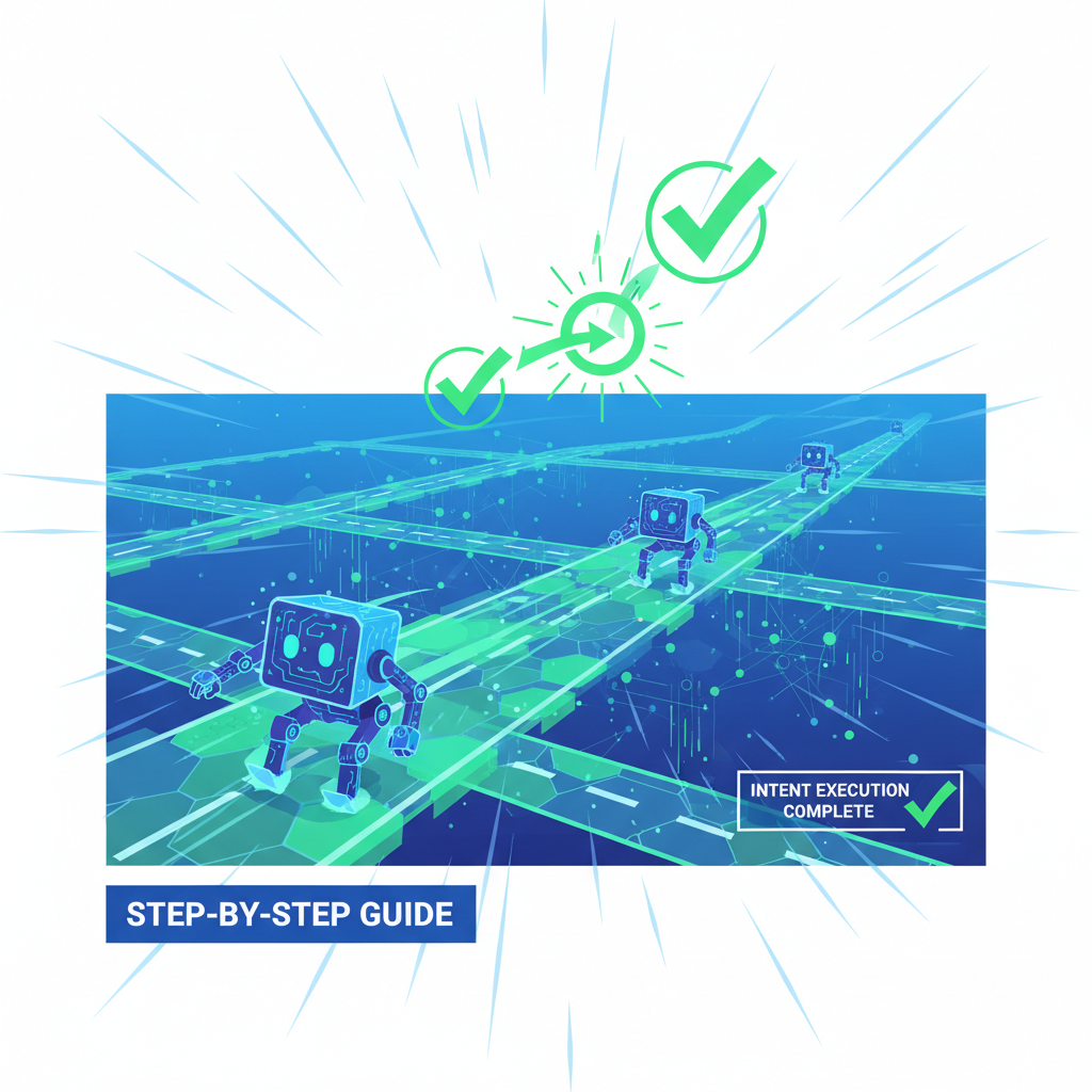 solver bots racing on blockchain highways, intent execution animation, green success checkmarks, dynamic motion graphics