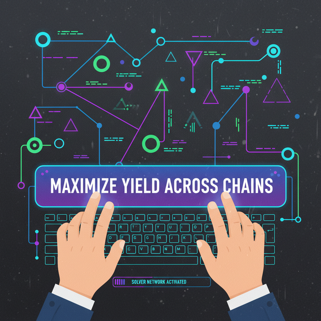 user typing intent 'maximize yield across chains' in bold input field, solver network graph in background, cyberpunk style