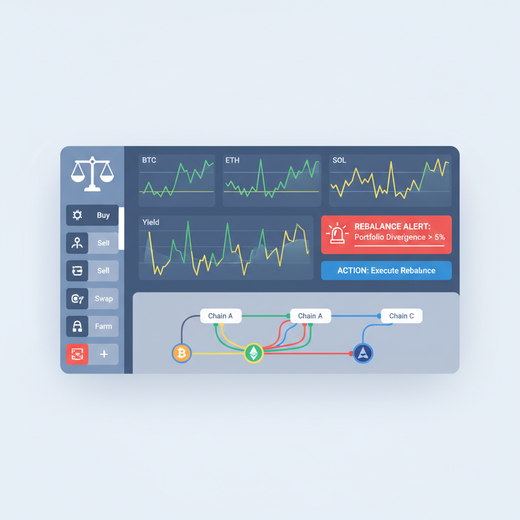 monitoring dashboard with yield charts spiking, rebalance alerts, multi-chain graph, professional trading interface