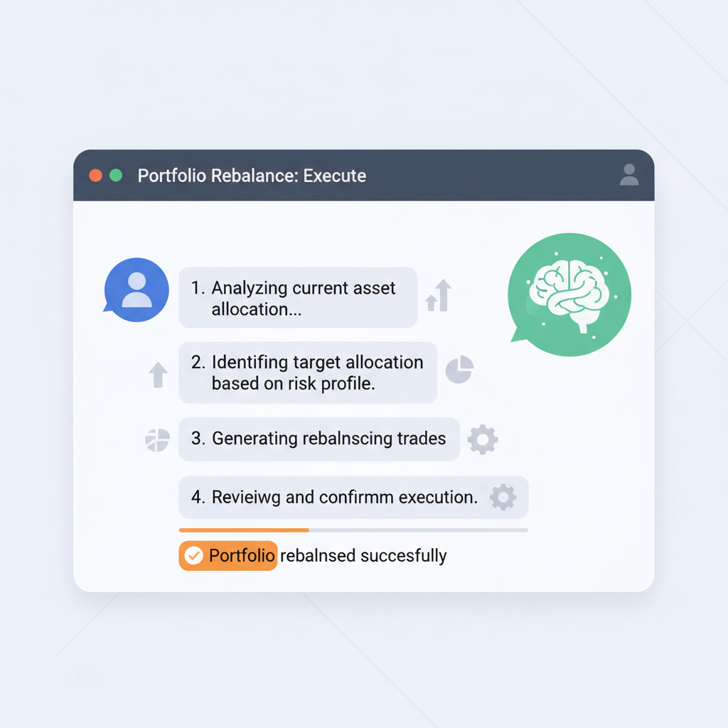 chat window with AI responding to portfolio rebalance command