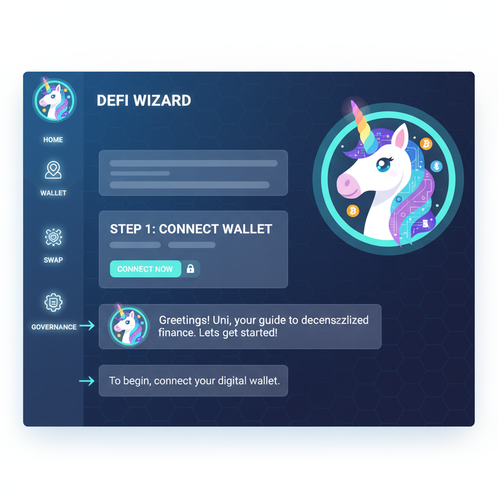 magical unicorn AI avatar in futuristic DeFi chat interface