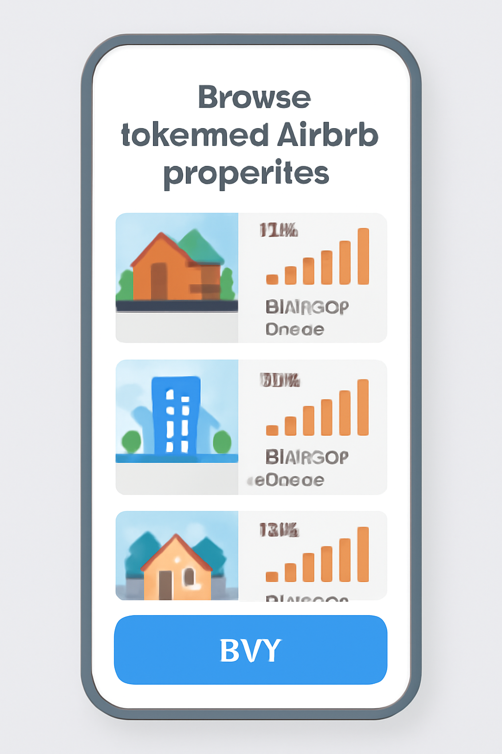app interface browsing tokenized Airbnb properties, buy button highlighted, property photos and yield charts