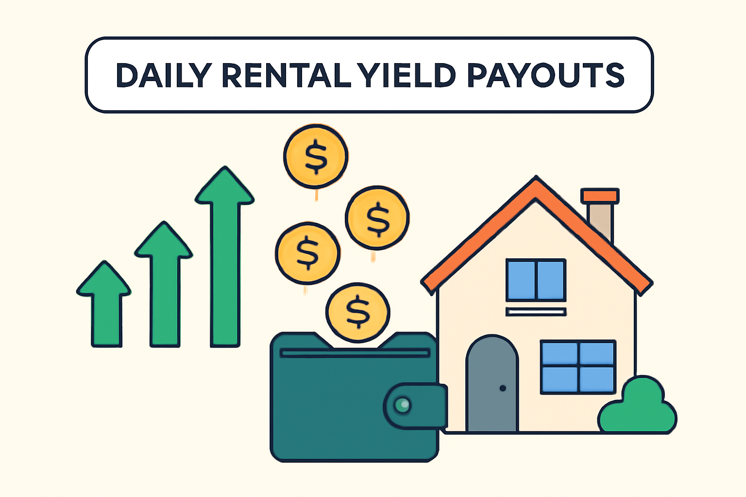 dashboard showing daily rental yield payouts, coins dropping into wallet, green upward arrows, real estate theme