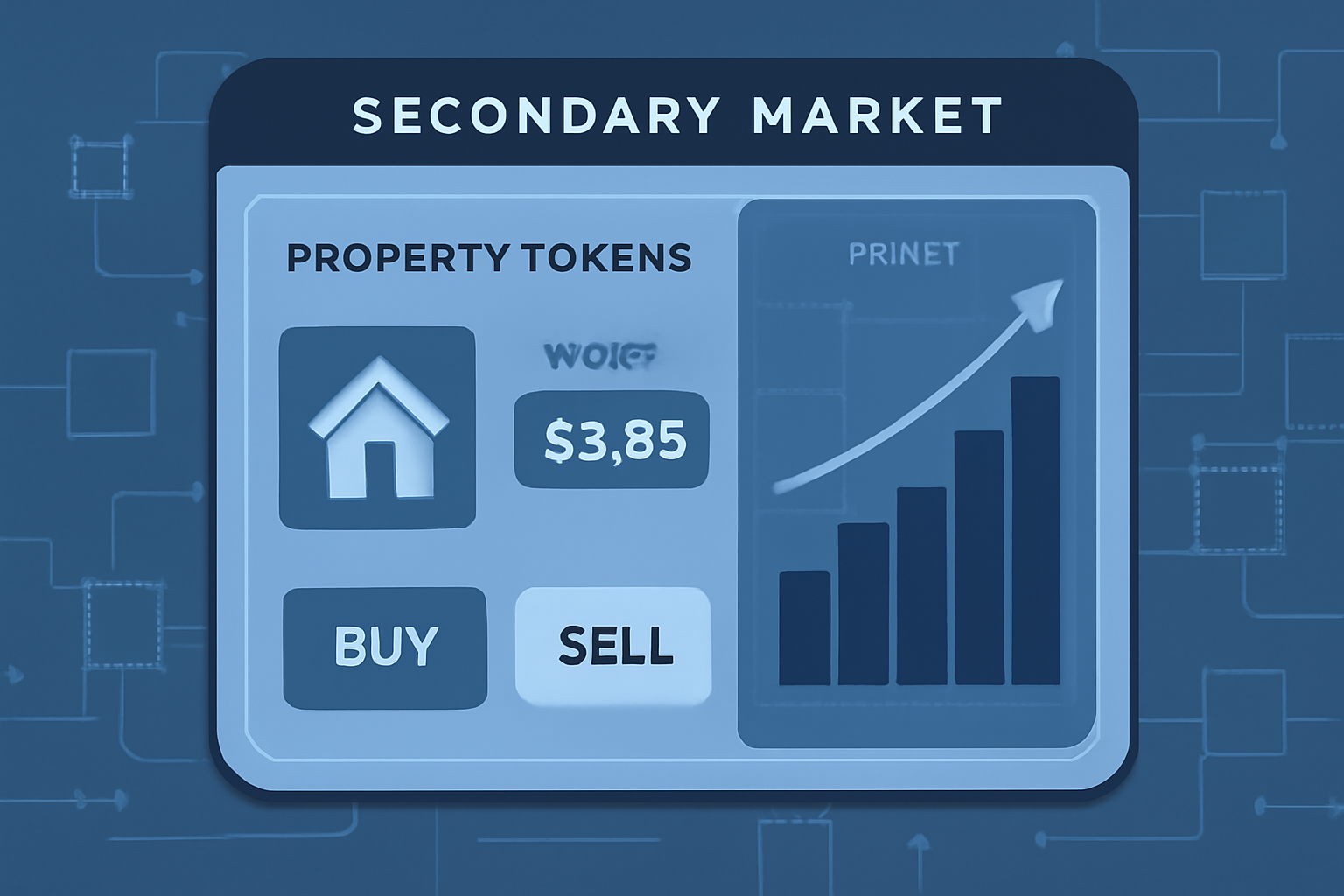 secondary market trading screen for property tokens, buy sell buttons, price charts rising, futuristic blockchain vibe